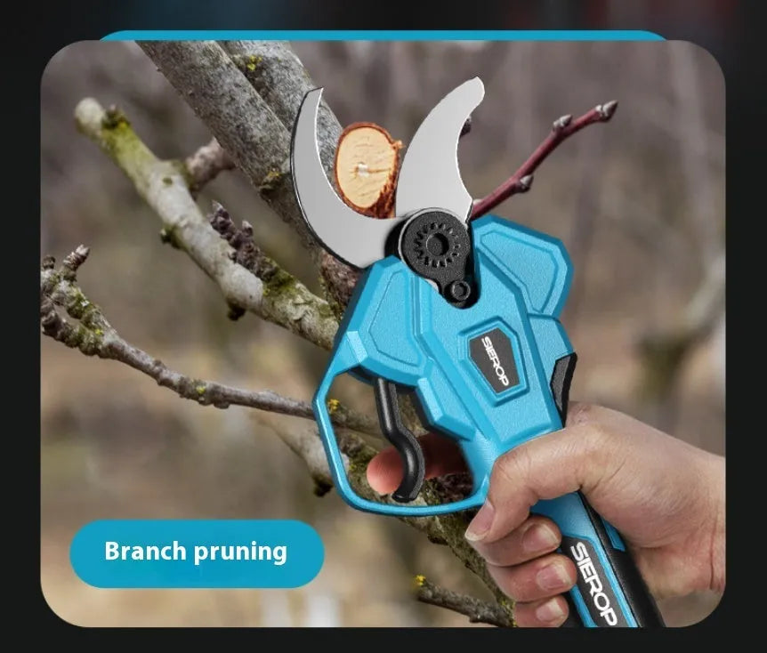 Electric pruning saw with 6-inch SK5 steel blade and 2.5m extension pole on a garden background