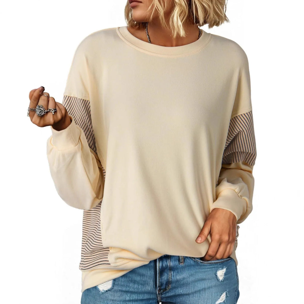 Striped color-blocked round neck long-sleeved polyester pullover sweatshirt in gray