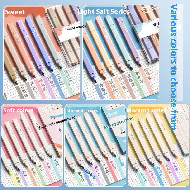 A set of double-ended fluorescent marker pens showing two coloured tips, arranged in a pack.