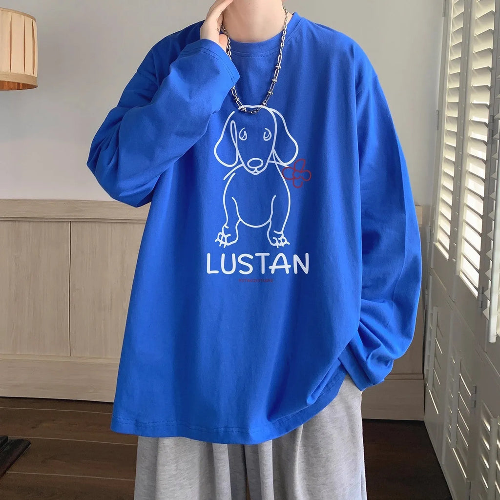 Cotton long sleeve T-shirt with cartoon puppy print, loose fit, in lake blue colour