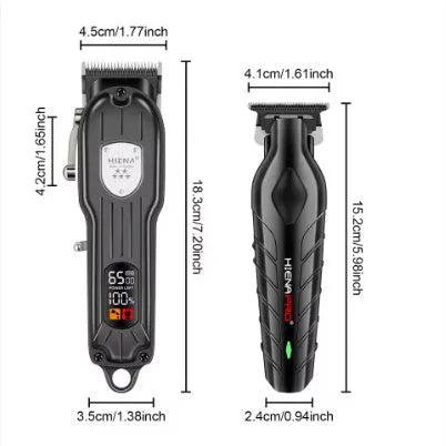 Black professional hair clipper set with LCD display, shown with USB charging cable.