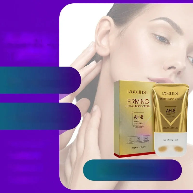 Neck moisturising cream jar with a separate neck roller applicator on a plain background.