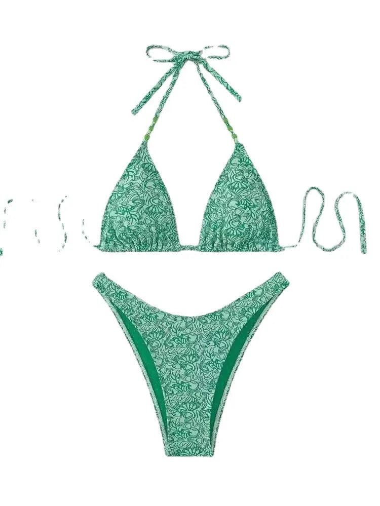 Women's floral halter bikini set in red, sky blue, sapphire blue or emerald green, polyester, sizes XS to L