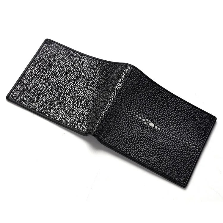 Short horizontal genuine leather cowhide wallet with pearl fishskin lining.