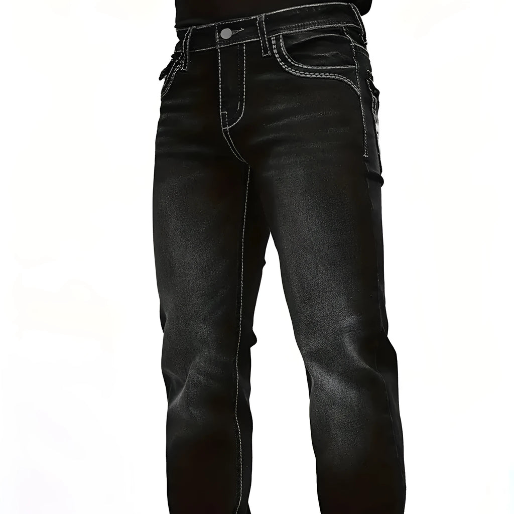 Stretch slim fit black men's cotton denim trousers with straight leg and mid waist