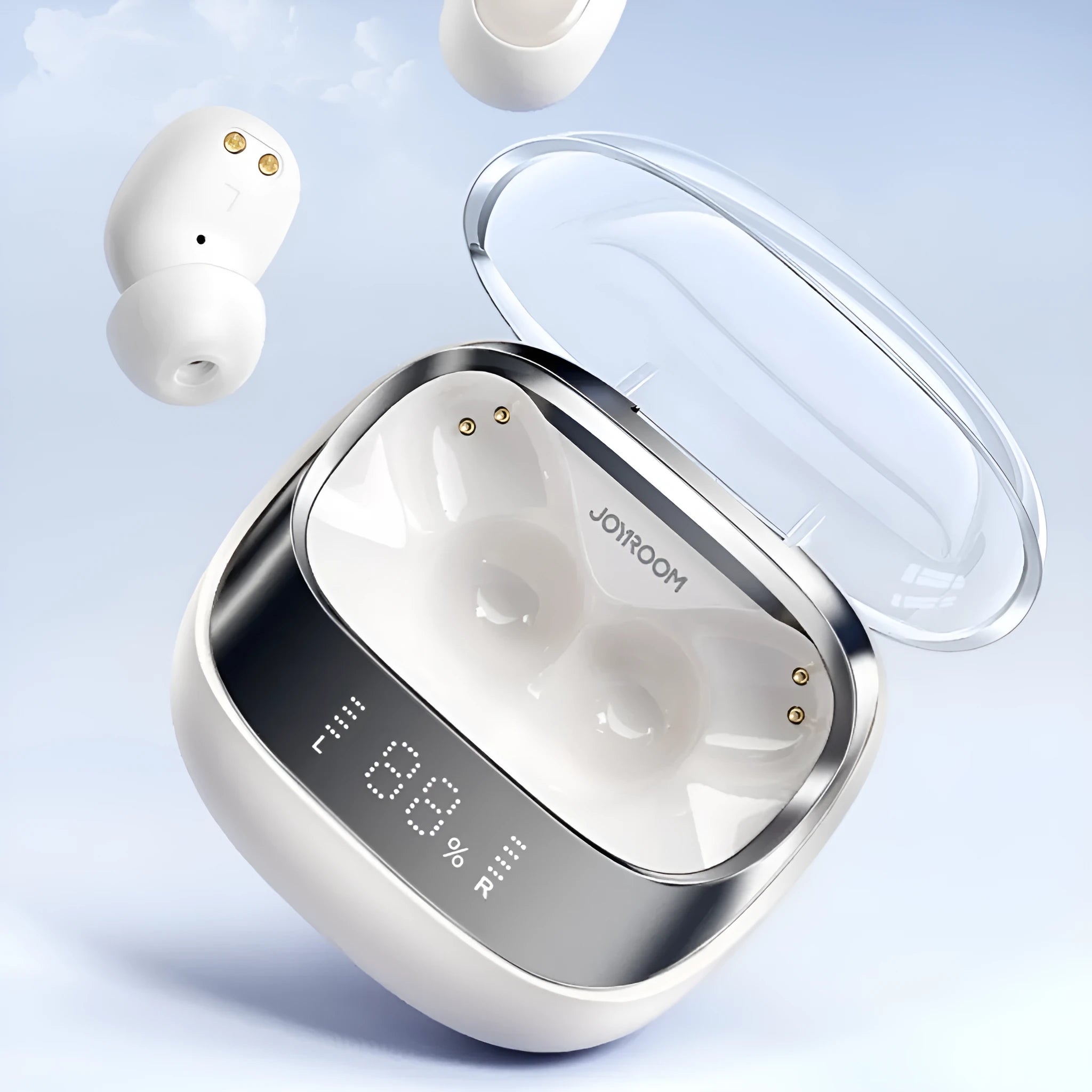 Dawn White wireless noise-cancelling earbuds in a compact charging case with USB-C cable.