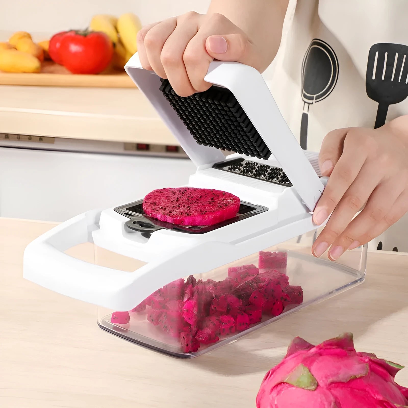 Multipurpose plastic vegetable cutter with 7 blades, drain basket and cleaning brush in black