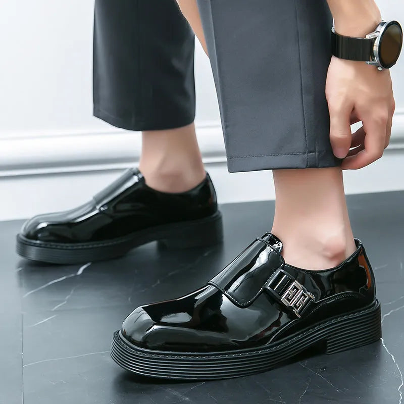 Men's black glossy PU leather platform loafers with a low heel for summer.