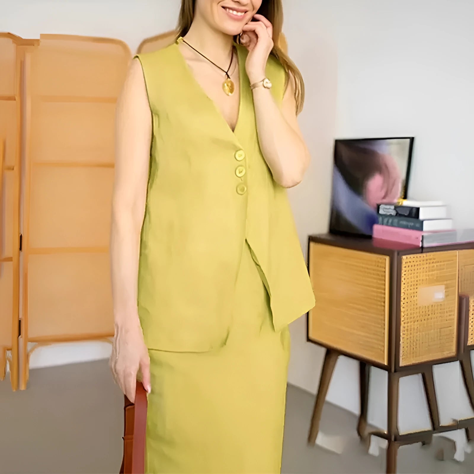 Women's blue casual two-piece set featuring a sleeveless vest and a long, loose-fitting skirt.