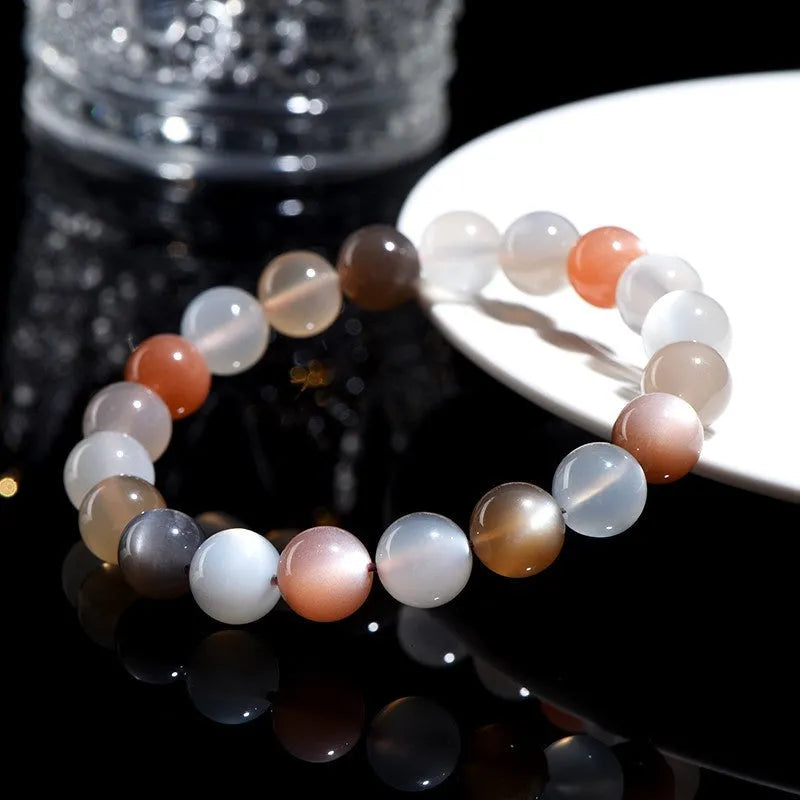 Natural moonstone bracelet with 8mm colourful beads on a single strand.