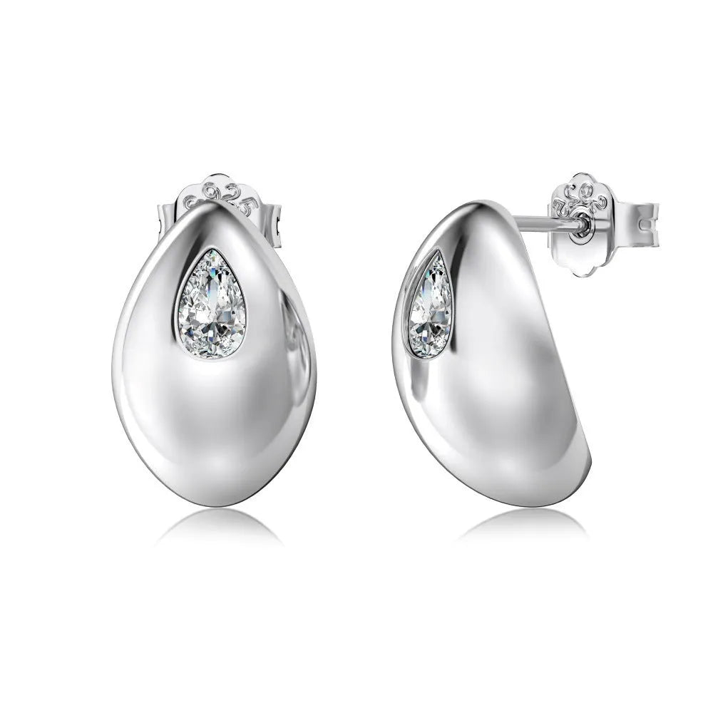 Pair of women's casual glossy zircon earrings in 925 silver, 8.2 x 13.4mm, platinum or gold finish