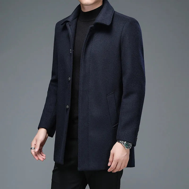 Mid-length Korean style trench coat with lapel collar and long sleeves in dark blue wool blend