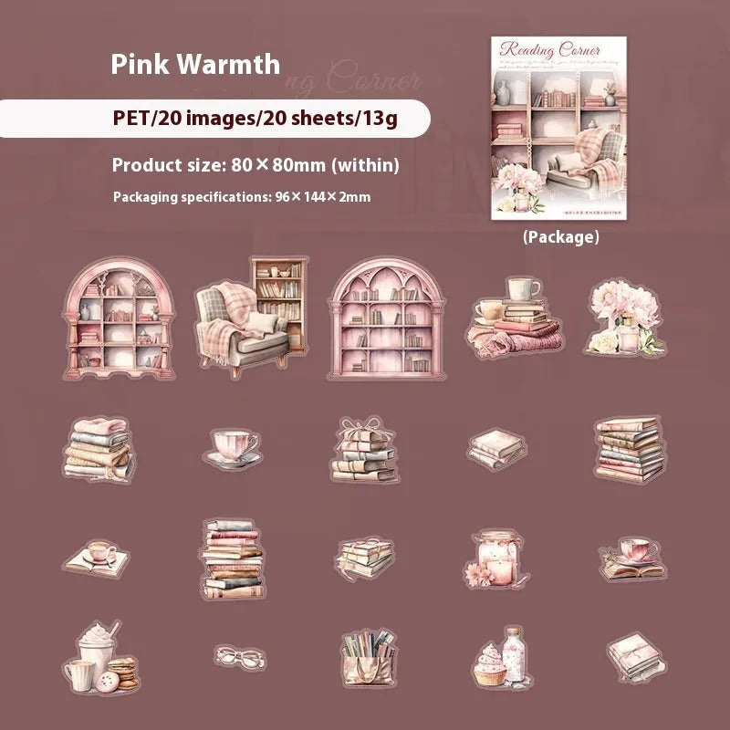 Retro PET stickers reading small corner series book landscaping 20 pieces six colour options