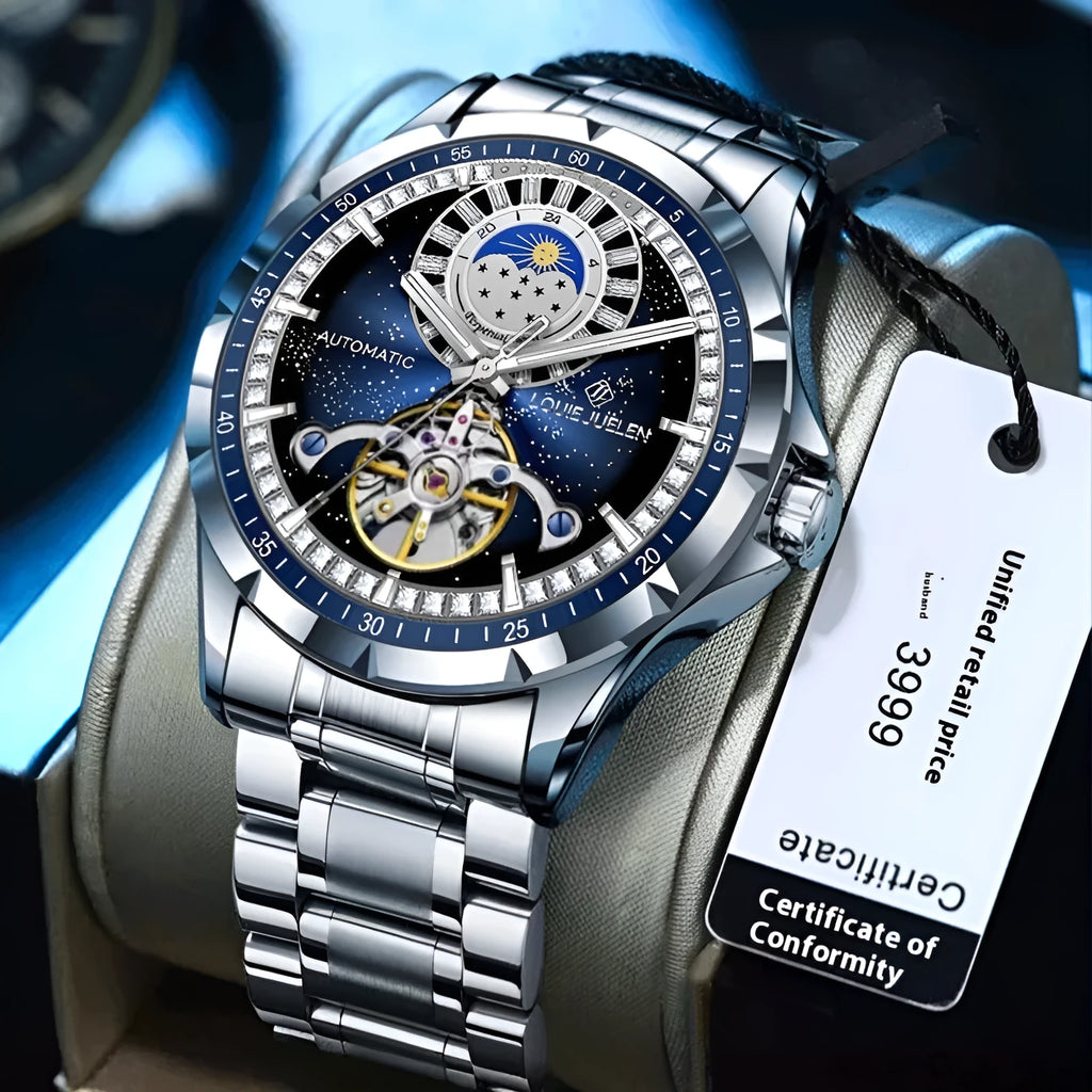 Men's automatic mechanical watch with silver case, blue dial, and stainless steel bracelet.