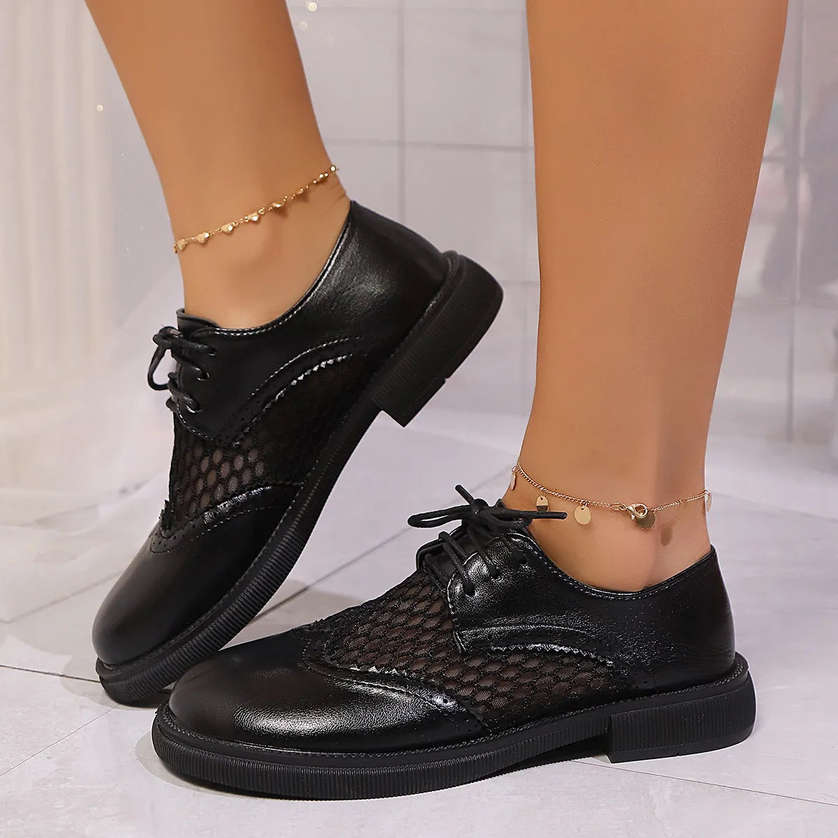 Women's mid heel lace-up mesh and PU leather pumps in black with square heel and round toe