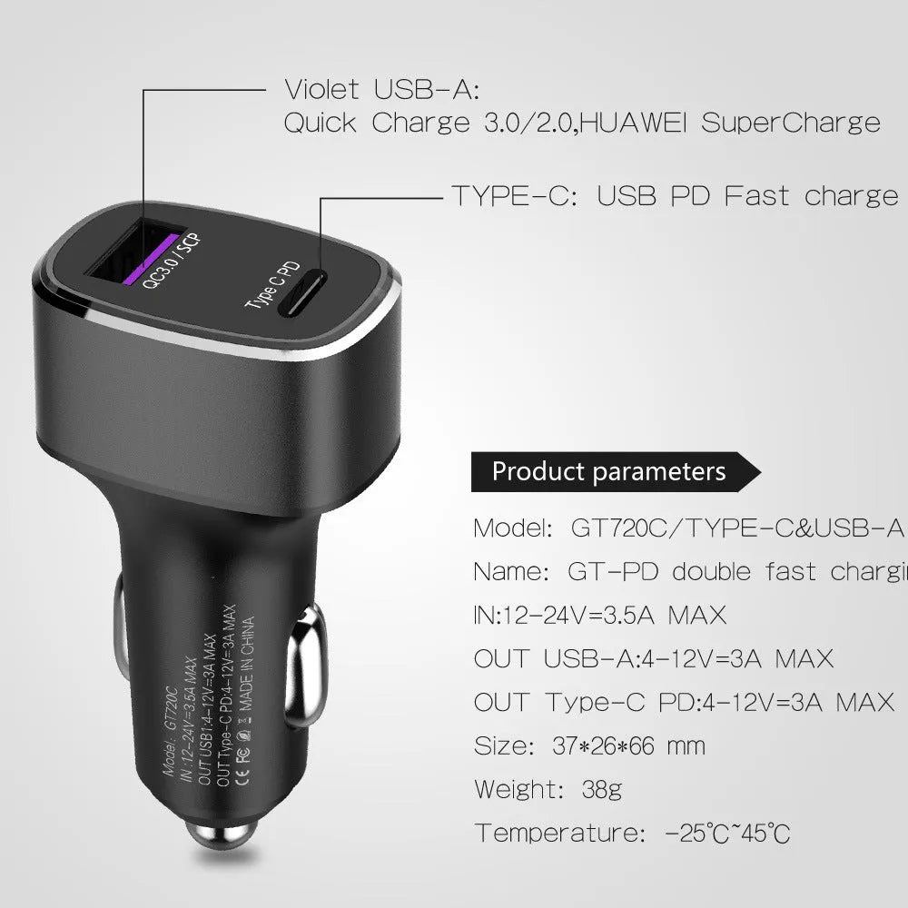 Dual USB and Type C car fast charger with QC 3.0 and PD support in black or grey
