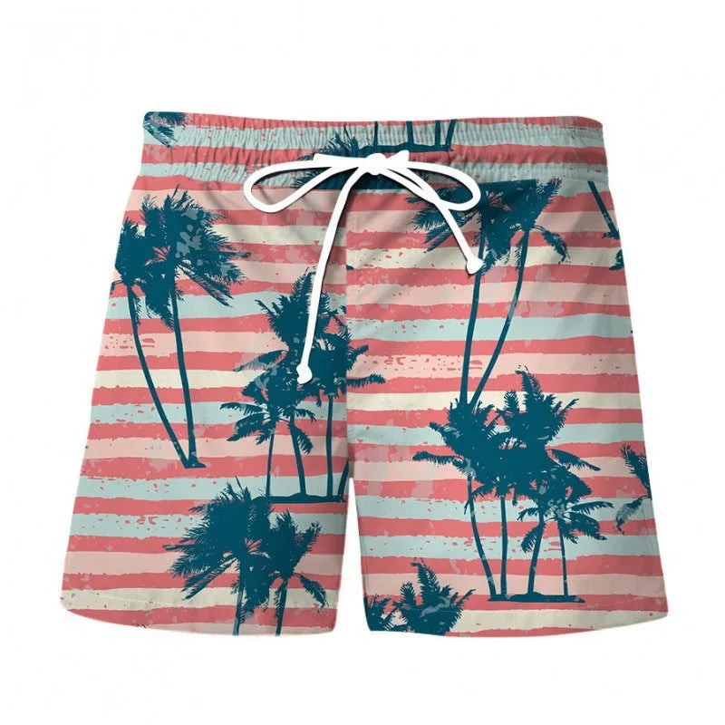 Men's 3D digital print Hawaiian-style beach shorts in polyester, front view