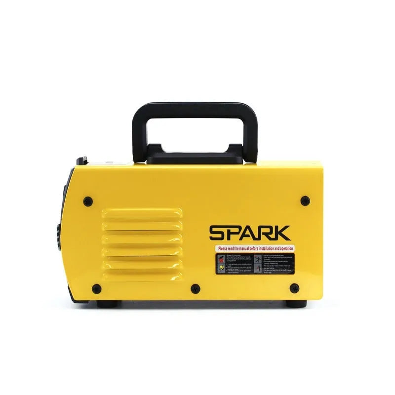 MMA-200MIN compact blue and black inverter welding machine with attached cables, face shield, and brush on a workbench.