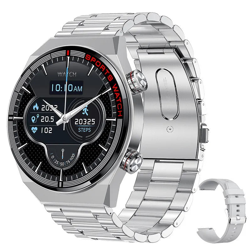 Black Bluetooth smartwatch with genuine leather strap and rotary key on a 1.3-inch screen