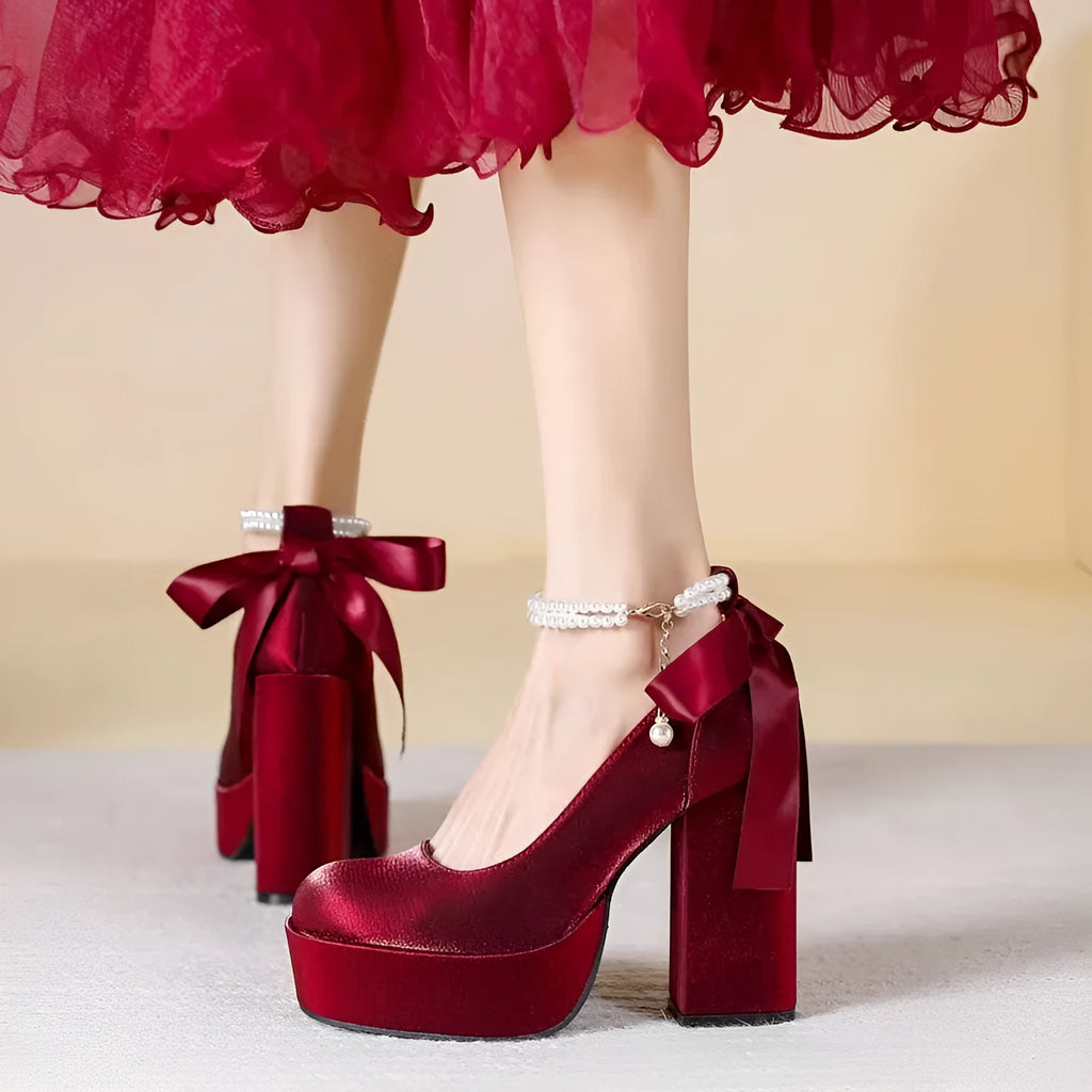 Women's waterproof platform wedding shoes with chunky heel in wine red colour with optional silk buckle detail