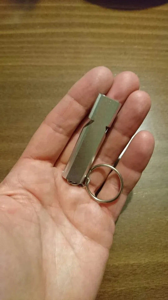 Silver aluminium alloy double-hole survival whistle with cylindrical design and lanyard loop