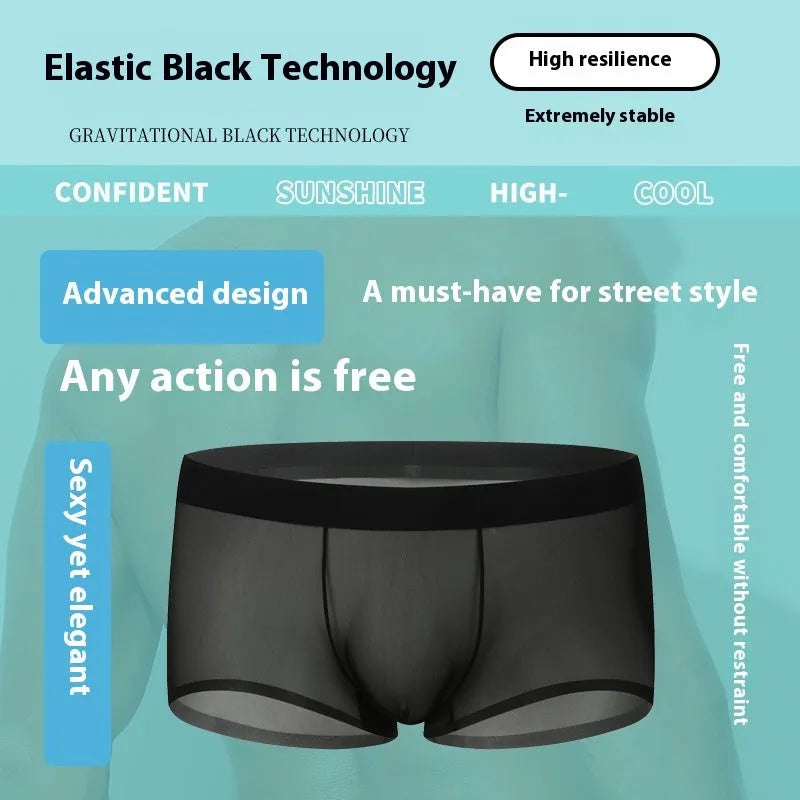 Men's seamless ice silk boxers in black, low-rise quick-dry nylon shorts on white background