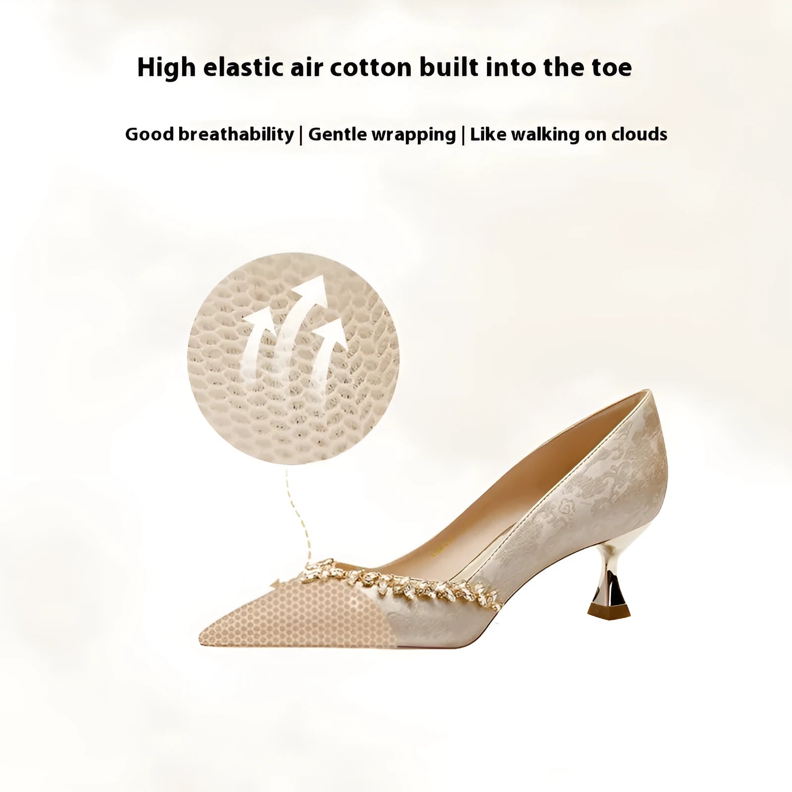 Chinese style satin wedding high heels with rhinestone decoration in champagne colour