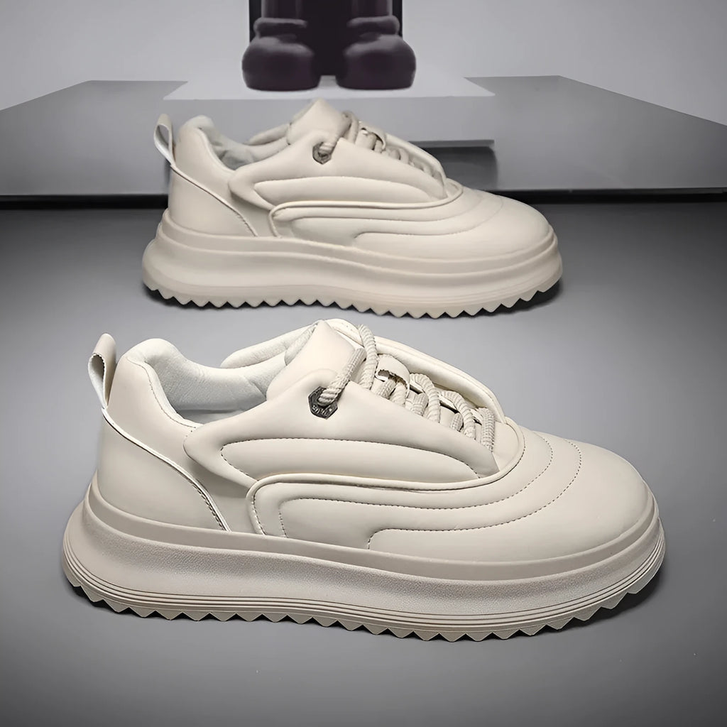 Matte cowhide leather casual shoes with thick sole and low heel in khaki colour
