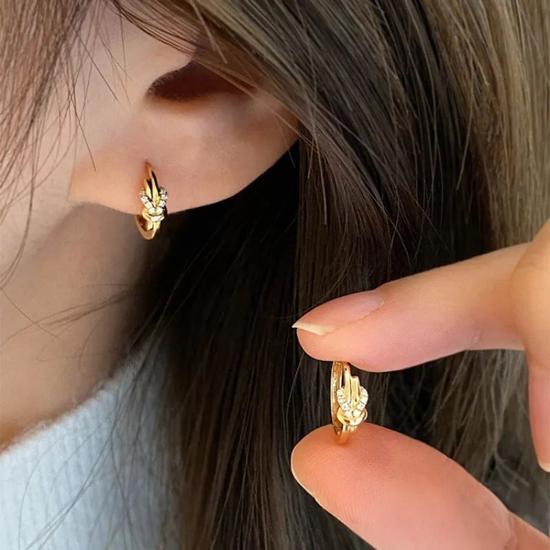 Gold plated copper earrings with inlaid zircon, geometric ring design, Vachette clasp, one pair for women