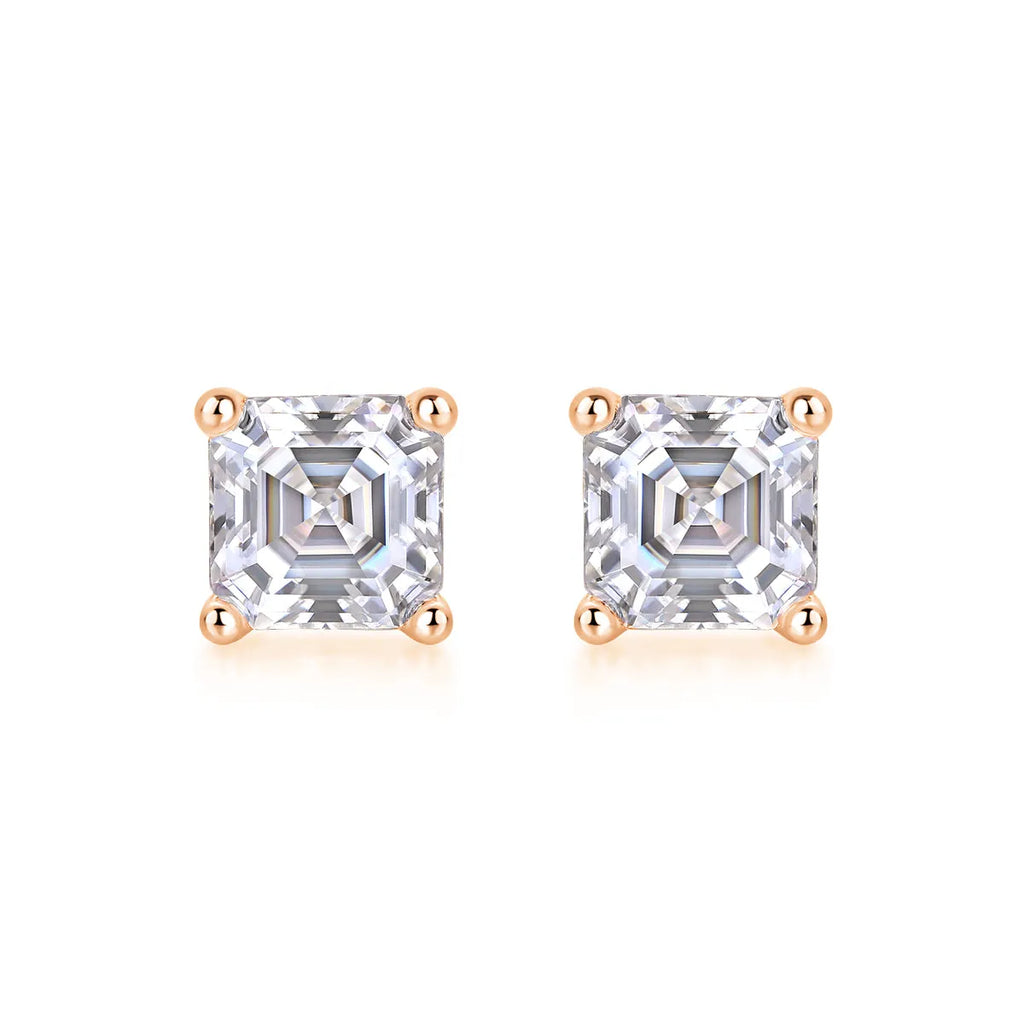 Pair of square cut moissanite stud earrings in S925 silver with platinum plating, gold colour finish, in gift box with GRA certificate