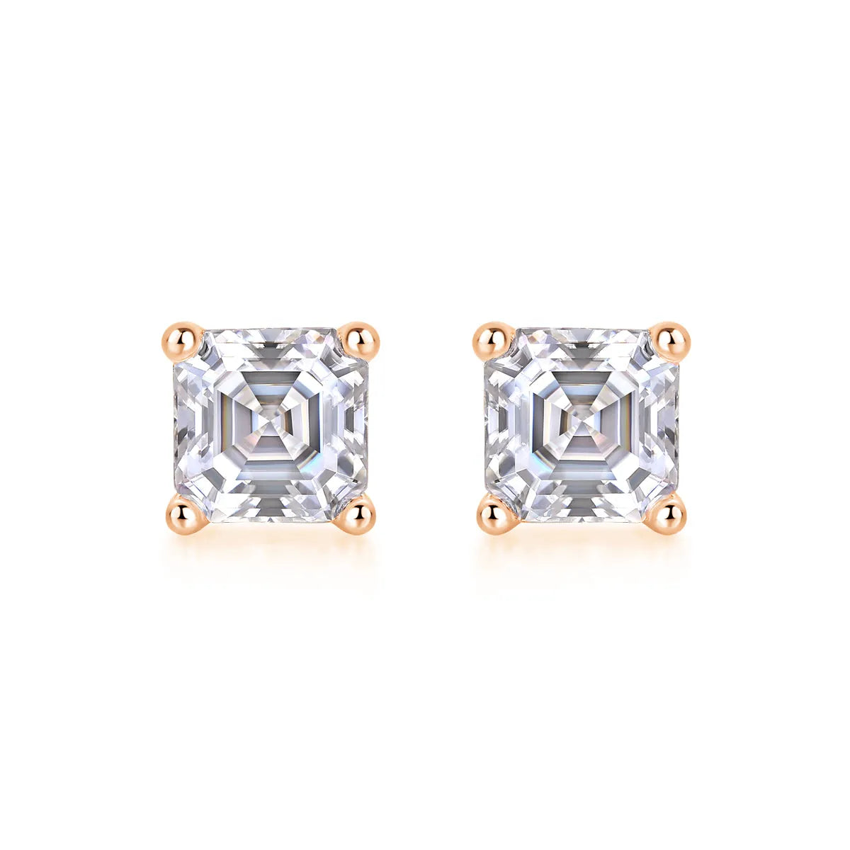 Pair of square cut moissanite stud earrings in S925 silver with platinum plating, gold colour finish, in gift box with GRA certificate