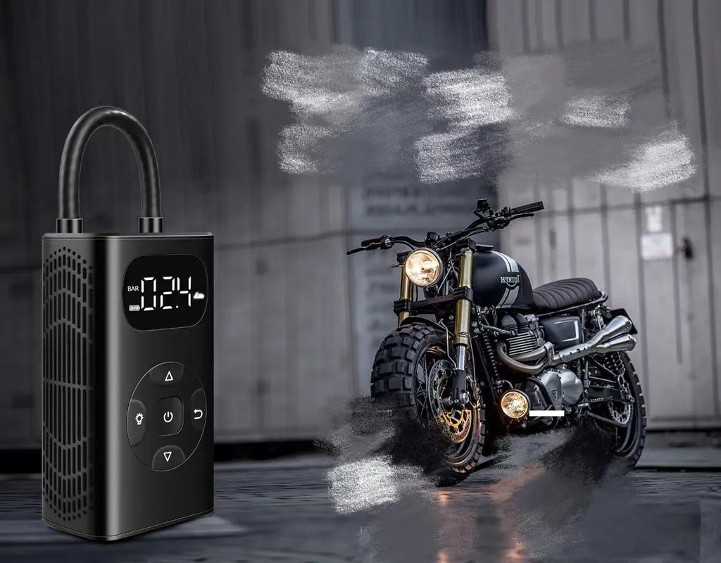 Black portable USB tyre inflator for cars and motorcycles with digital display.