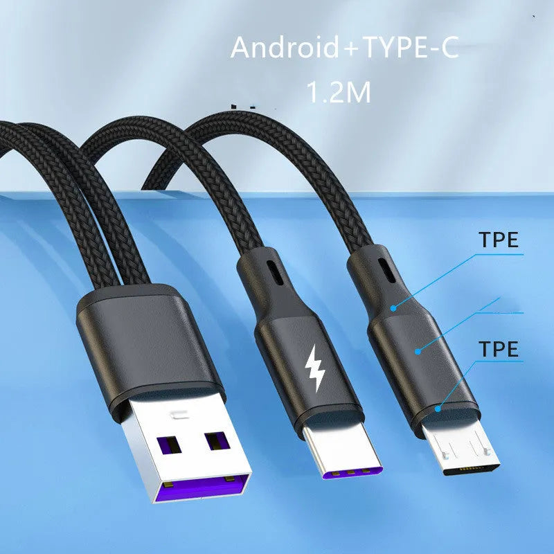 Black and red braided two-in-one fast charging cable with dual Android connectors.