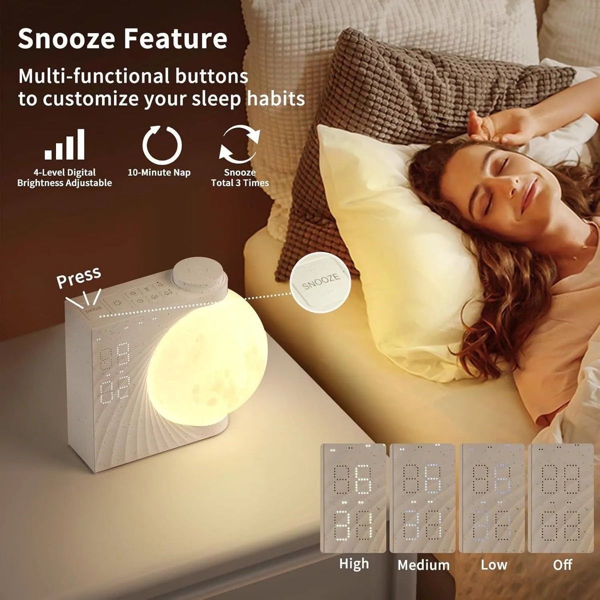 Wake up light alarm clock with sunrise simulation, colourful ambient lighting, and dual alarm, shown on a bedside table