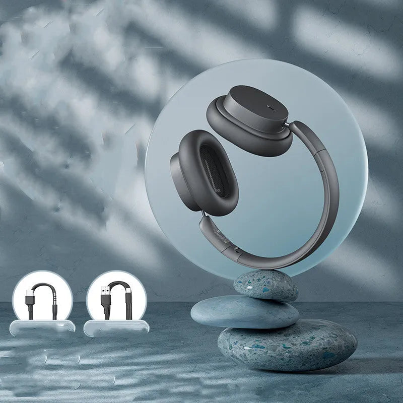 Head-mounted Bluetooth earphone in beige or grey with Type-C charging cable