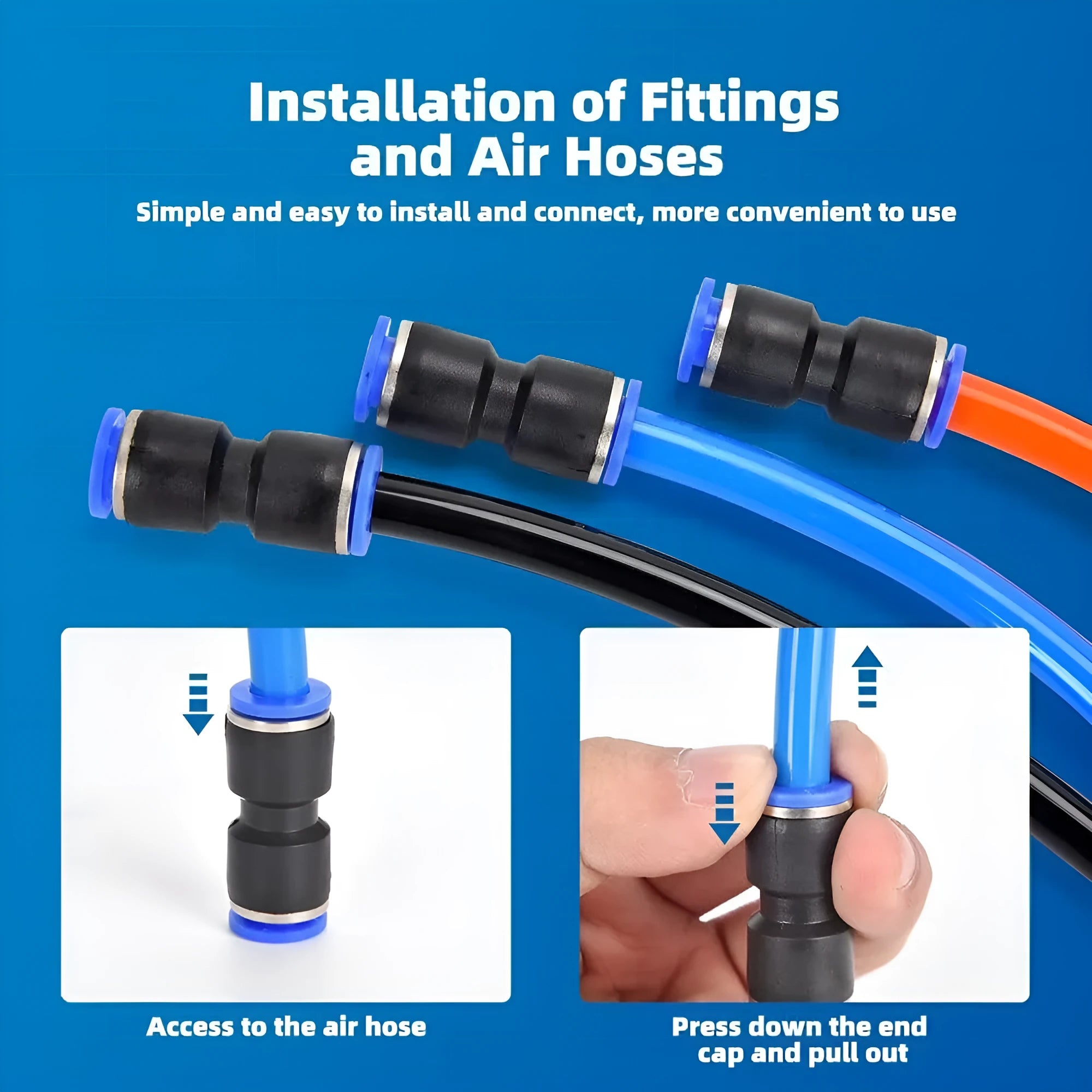 Set of 60 alloy plastic pneumatic push-in connectors with R1/4 and R1/2 fittings.