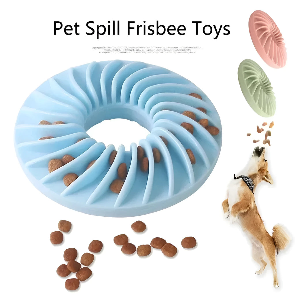 Soft round TPR leakage food pet toy for puppy slow feeding and teething in blue, green, and pink