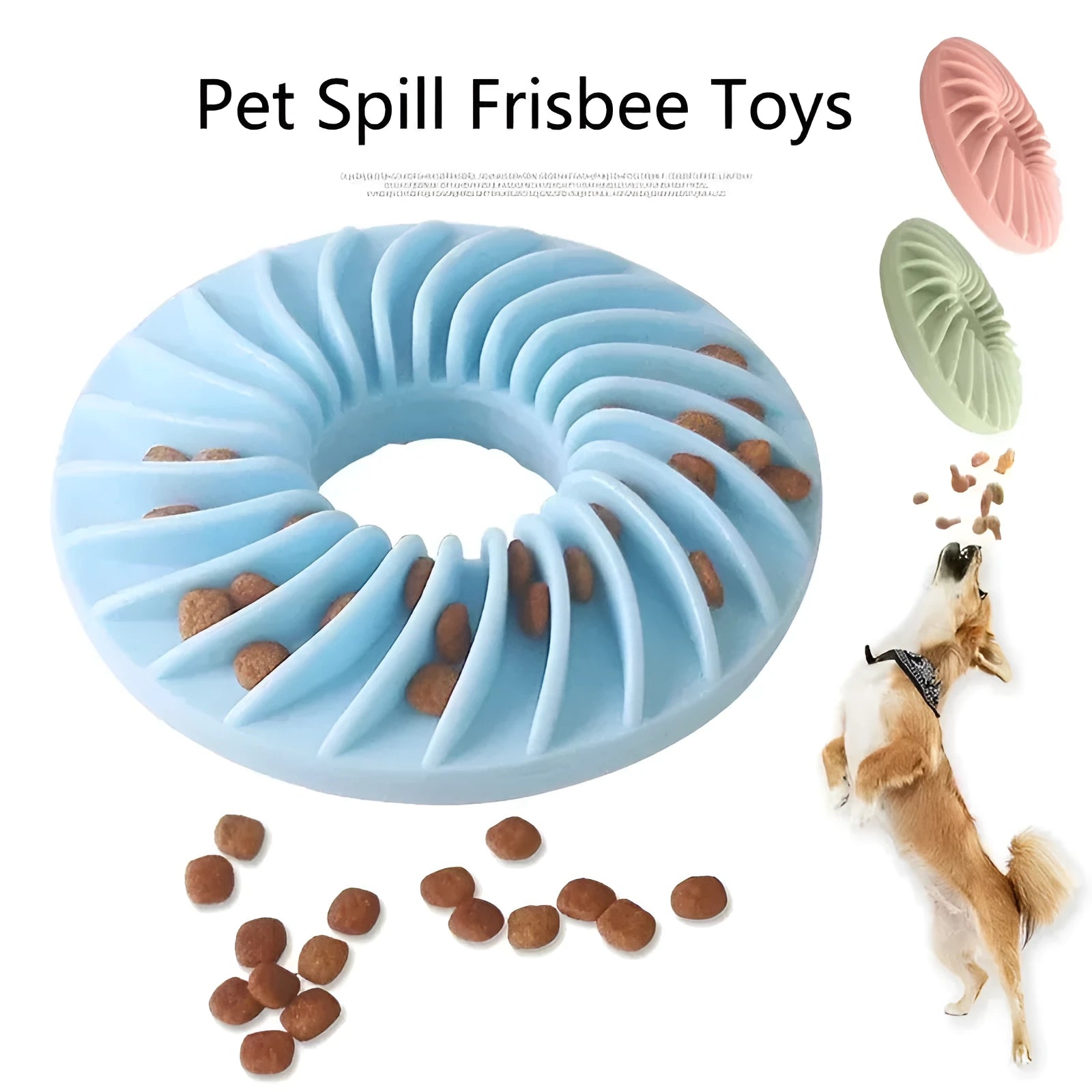 Soft round TPR leakage food pet toy for puppy slow feeding and teething in blue, green, and pink