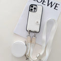Polycarbonate leather lanyard phone case with card slot for iPhone, shown in black, brown, orange and white.