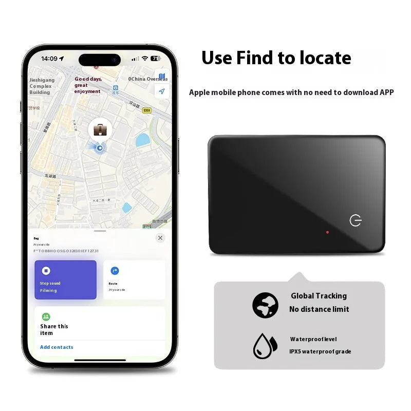 Black NFC pet tracking card with wireless charging, showing hanging hole and slim 2.1mm profile.