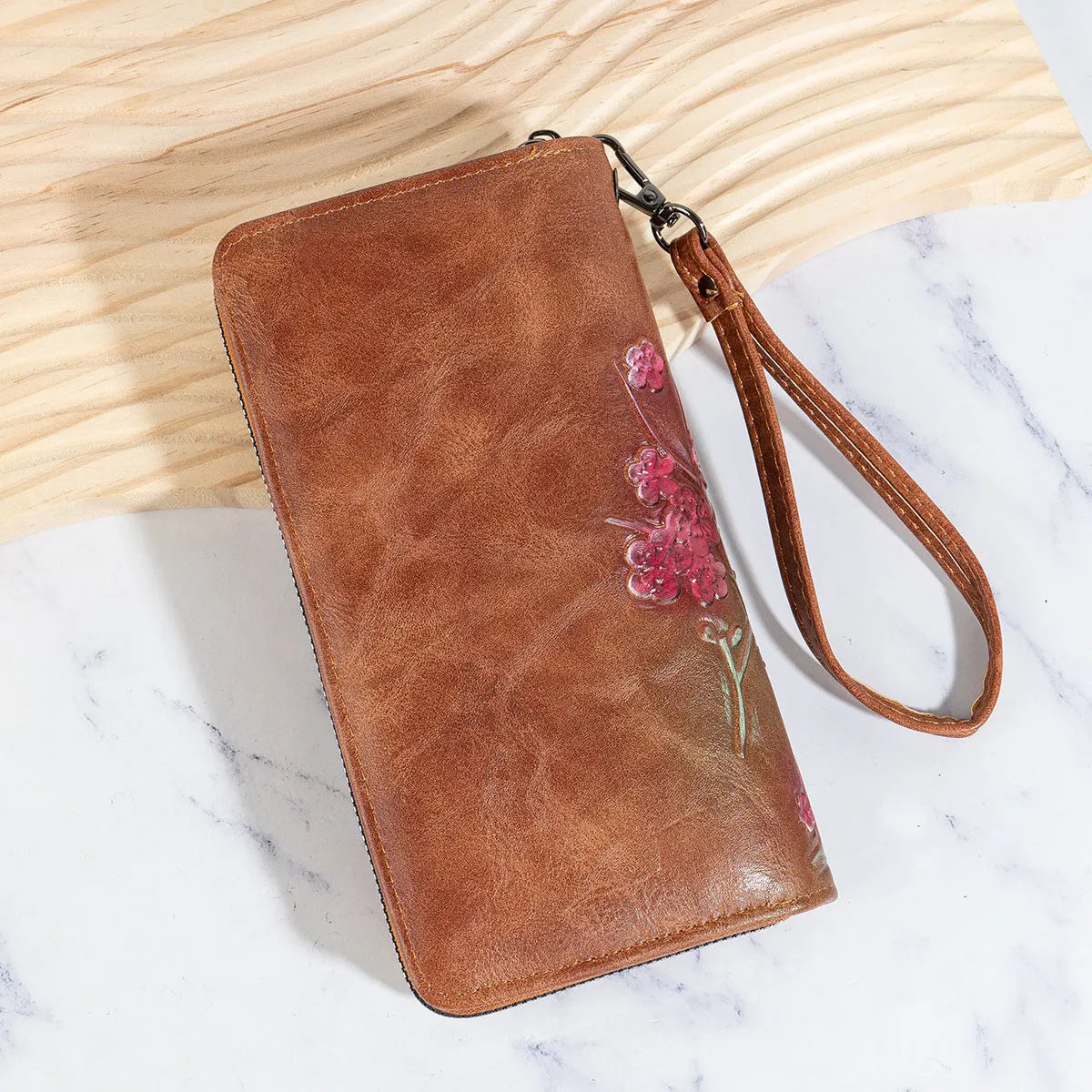Embossed floral pattern Chinese style handbag with zipper closure in PU leather