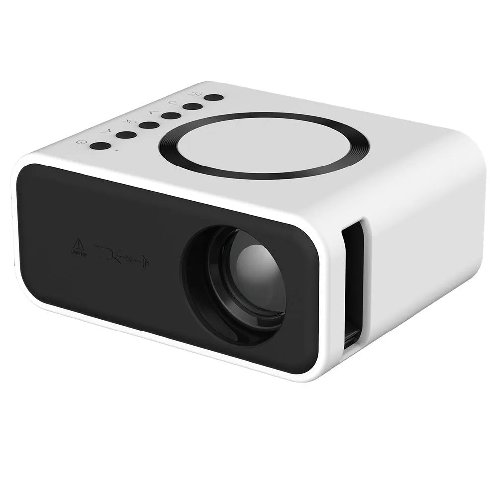 YT300 black or white portable mini LED projector showing compact size and lens for home cinema projection.