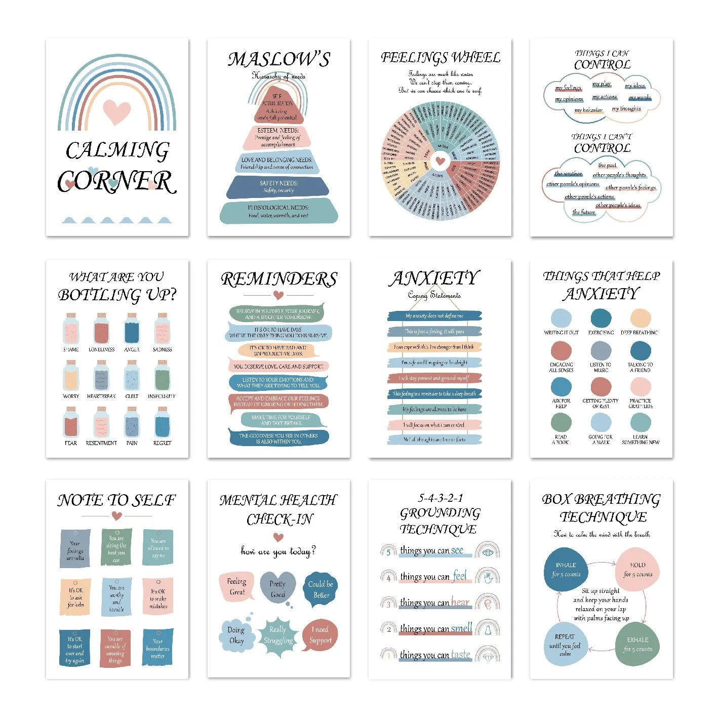Set of 12 mental health posters on coated paper with bright film finish, 255x355mm each, with glue dots