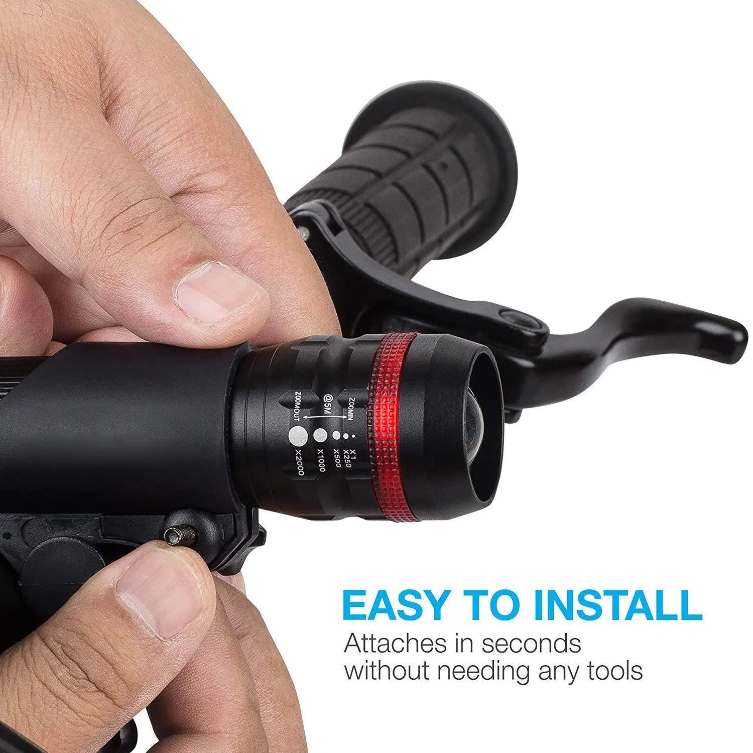 Bicycle front flashlight mounted on handlebar with bracket and separate red LED taillight for cycling safety.