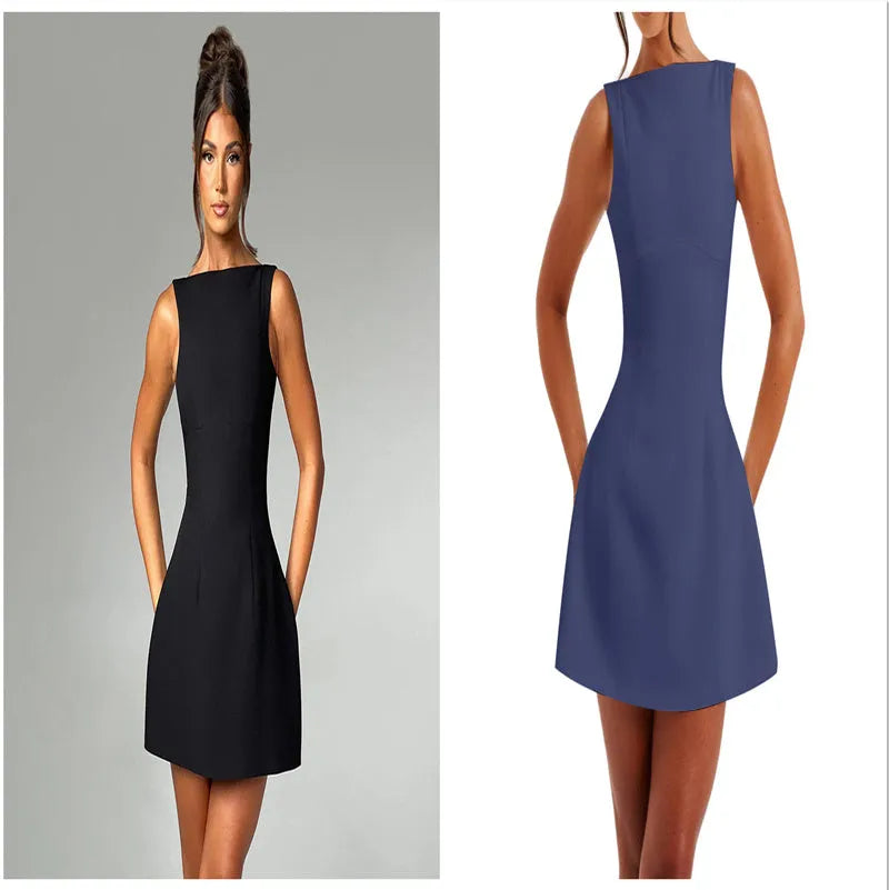 A sling-style backless short summer dress with a high waist, shown in a selected colour.