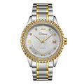 Men's gold automatic mechanical watch with luminous hands on a black dial, showing a 13mm thick waterproof case.