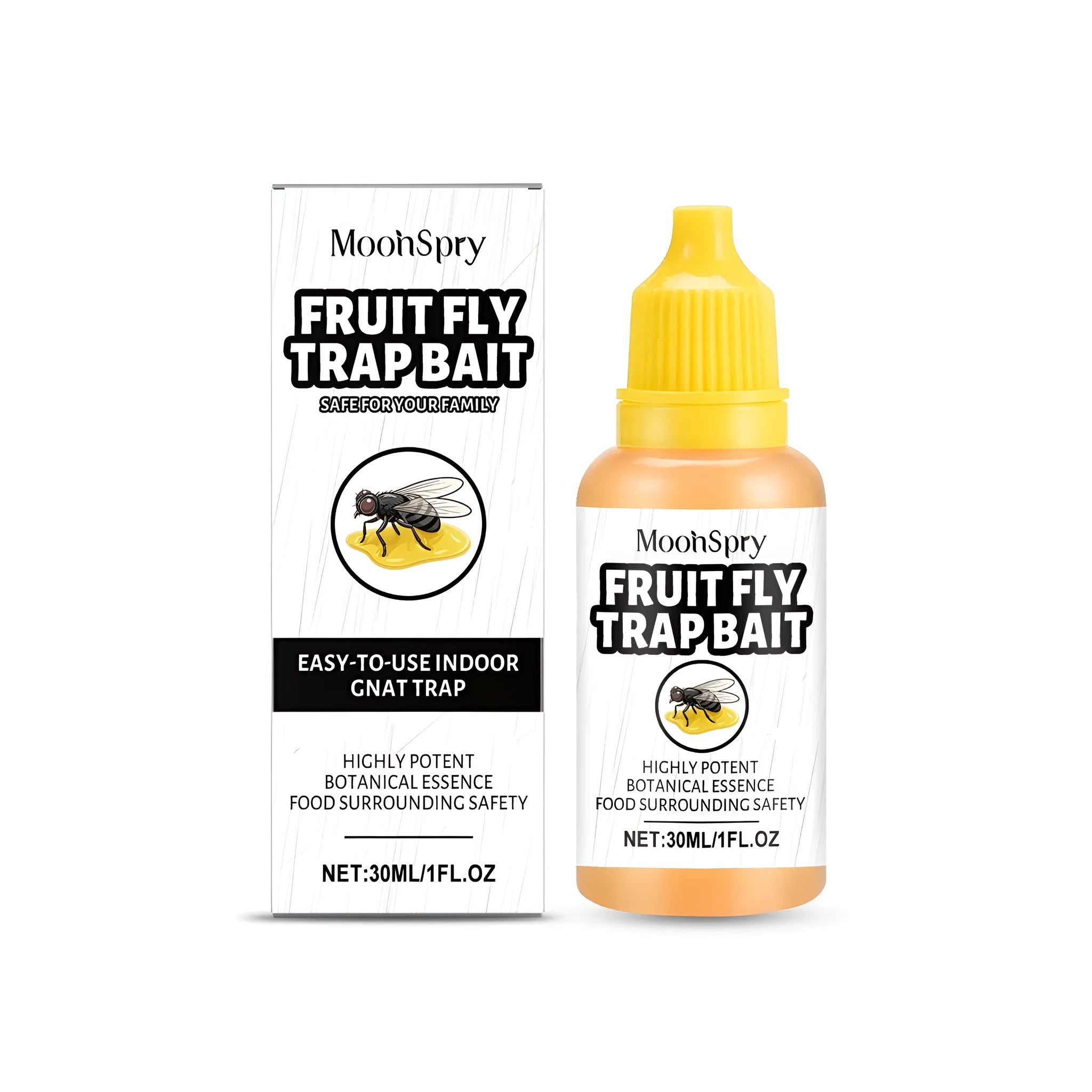 30 ml bottle of clear liquid fruit fly trap bait with a label, shown alongside a fly trap.