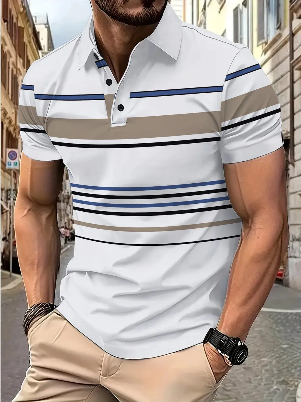 Men's white striped polyester t-shirt with short sleeves and loose slim fit for summer casual wear