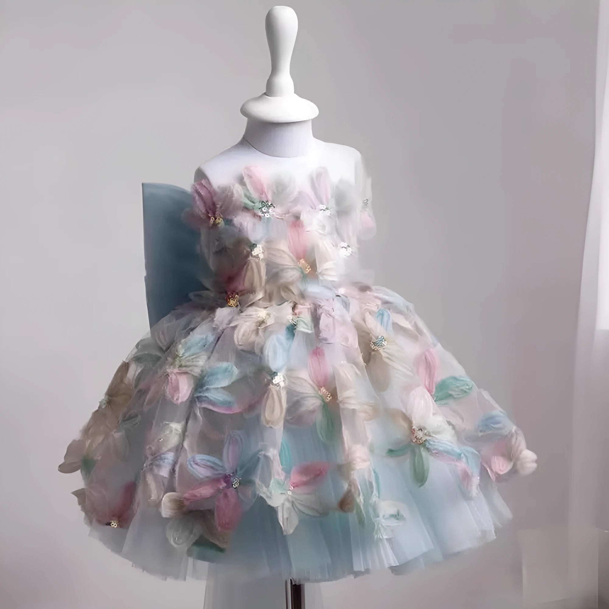 Children's light luxury princess dress with asymmetric shoulder in blue, for heights 80-130cm