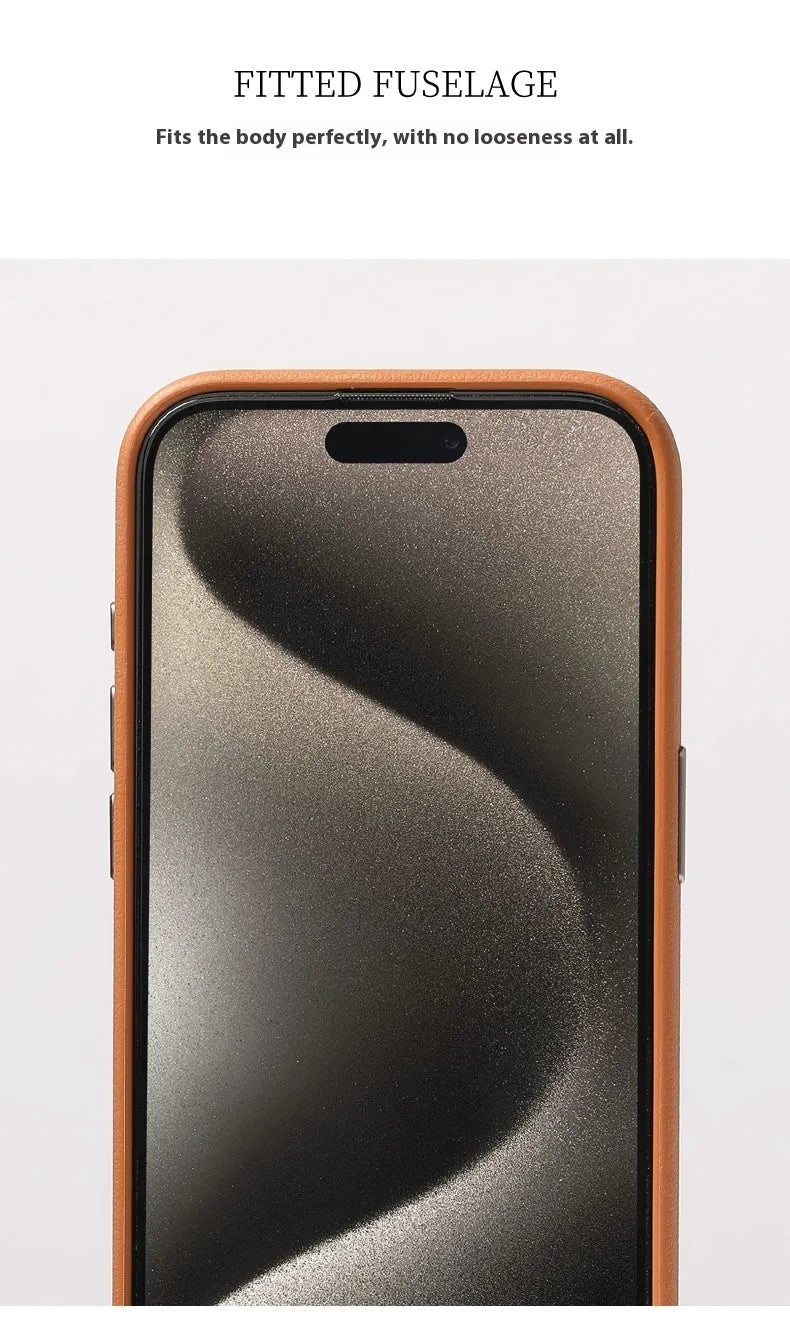 A black genuine leather iPhone case with a built-in metal alloy camera lens protector and MagSafe magnets.